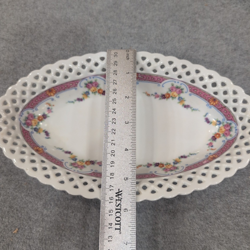 Schumann Arzberg Bavaria Reticulated Floral Porcelain Oval Bowl Pink Lattice Rim - Picture 5 of 7